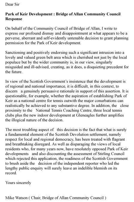 Response To Scottish Government Re Park Of Keir